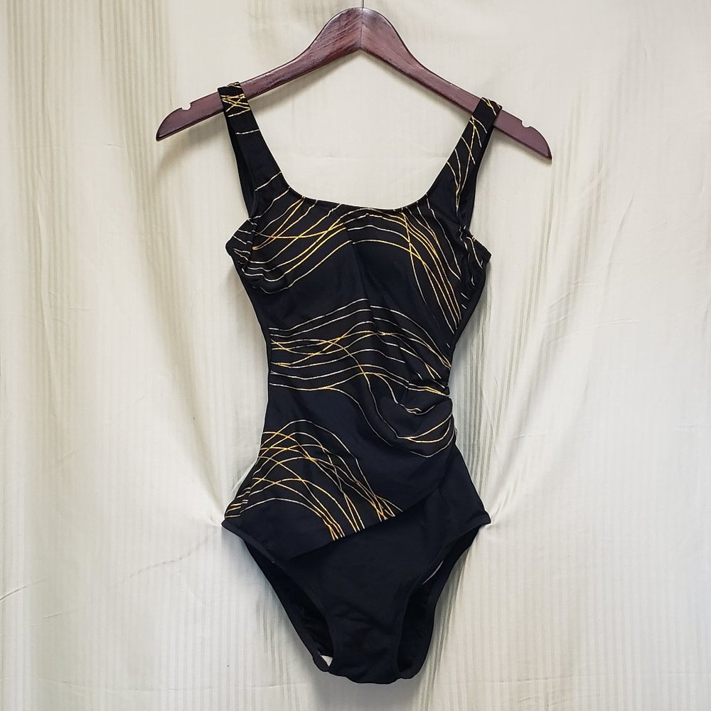 🍁Size 6T,  One Piece Black Swim Suit with Gold Strip Patterned Surplice.